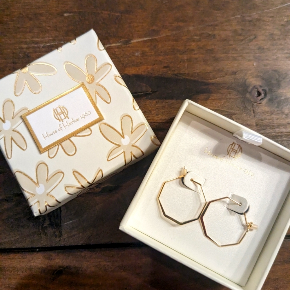 HOUSE OF HARLOW 1960 Gold Tone Octagon  Hoop Earrings 7/8" NIB